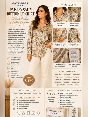 Covington Cream and Brown Paisley Button-Down Blouse